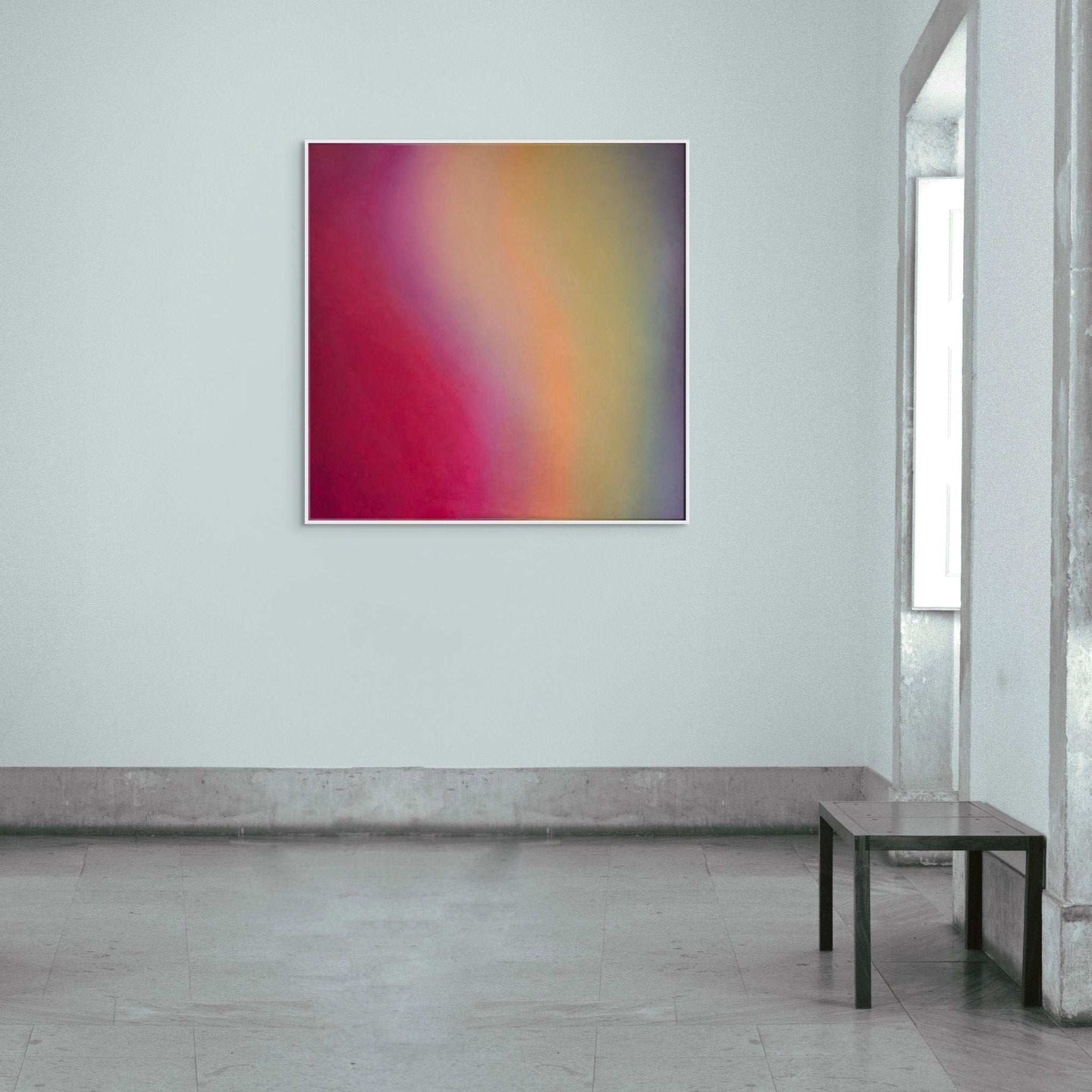 Original abstract painting for sale by Marcus Callum, featuring a soft gradient of rich pink, red, purple and yellow tones, evoking a sense of harmony and atmospheric depth.Original Painting: "Shimmer" (Available)
